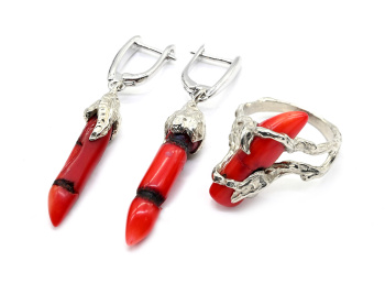 Кольцо и серьги коралл, размер-18 арт. м138002-18