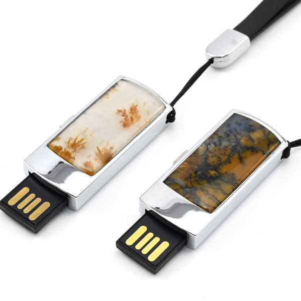 Флешка USB на 64GB декорированная камнем агат моховой, серебристая арт. 3724339